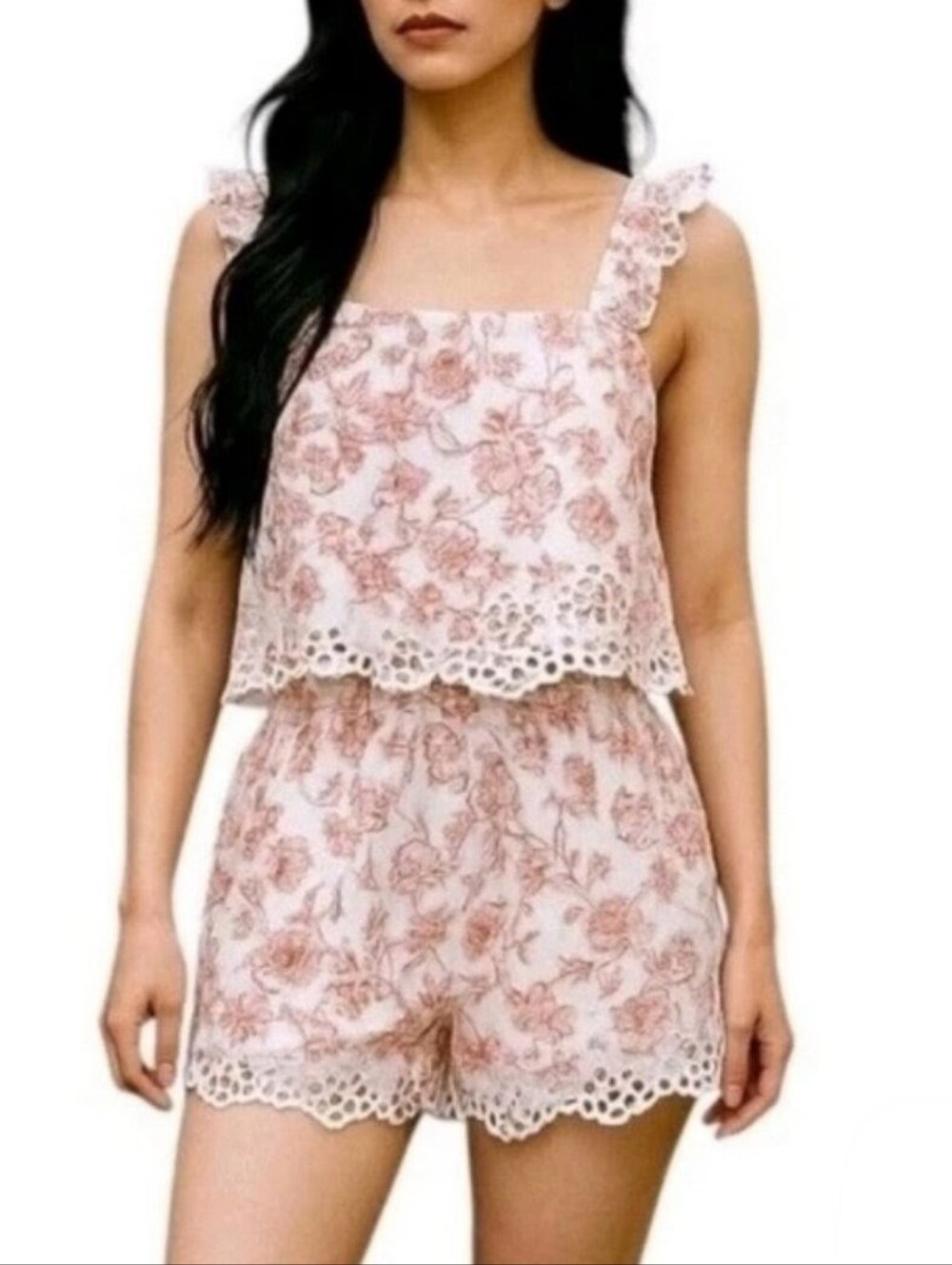Rachel Ashwell Shabby Chic Floral Eyelet-Trim Cotton Sleep Set - Red, Medium